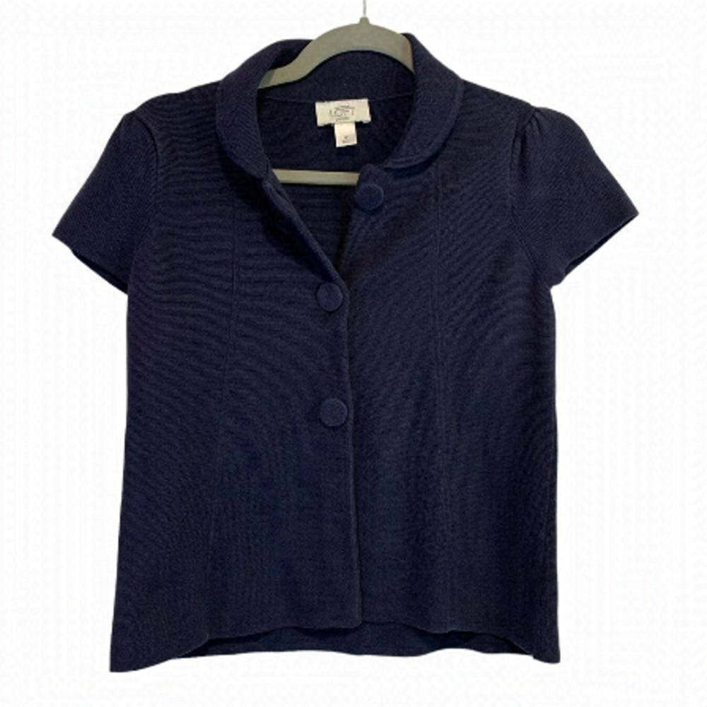 𝅺ANN Taylor Loft Navy Knit Cap Sleeve Buttoned Sweater
